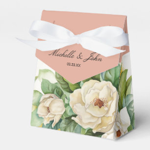 Elegant Rose Gold Floral White Magnolia Name Favor Box