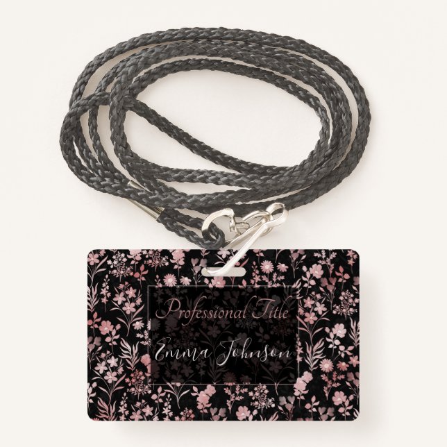 Elegant Rose Gold Flowers Black Botanical Badge (Front with Lanyard)