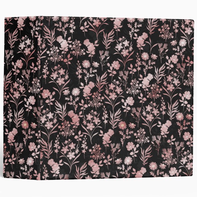 Elegant Rose Gold Flowers Black Botanical Binder (Front/Spine)