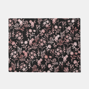 Elegant Rose Gold Flowers Black Botanical Doormat