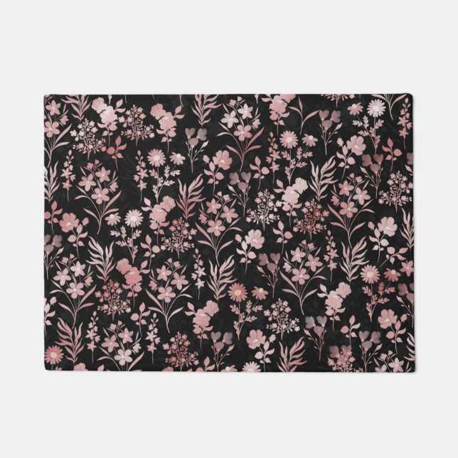 Elegant Rose Gold Flowers Black Botanical Doormat (Front)