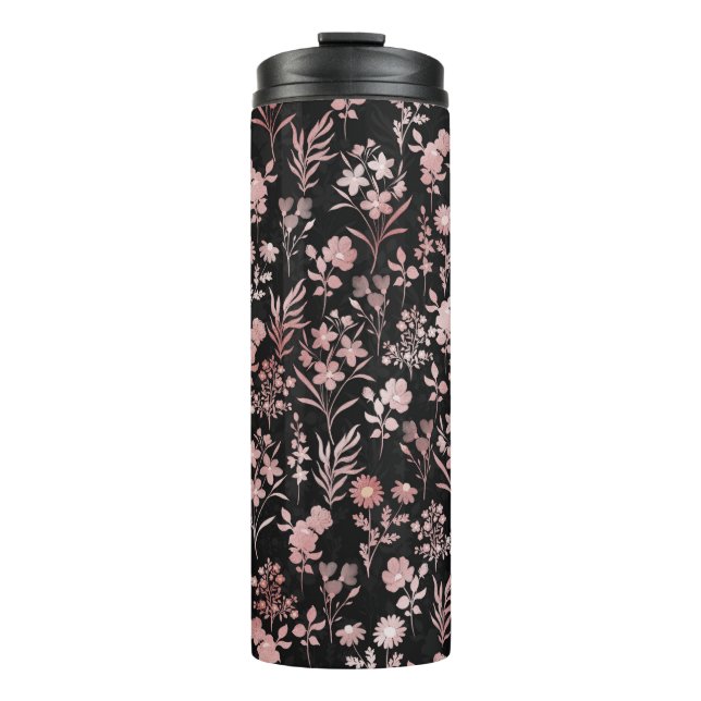 Elegant Rose Gold Flowers Black Botanical Thermal Tumbler (Front)