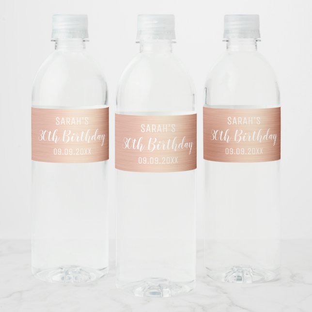 Elegant Rose Gold Foil Any Age 30th Birthday Water Bottle Label (Bottles)