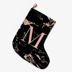 Elegant Rose Gold Foil Black Marble Monogram Large Christmas Stocking