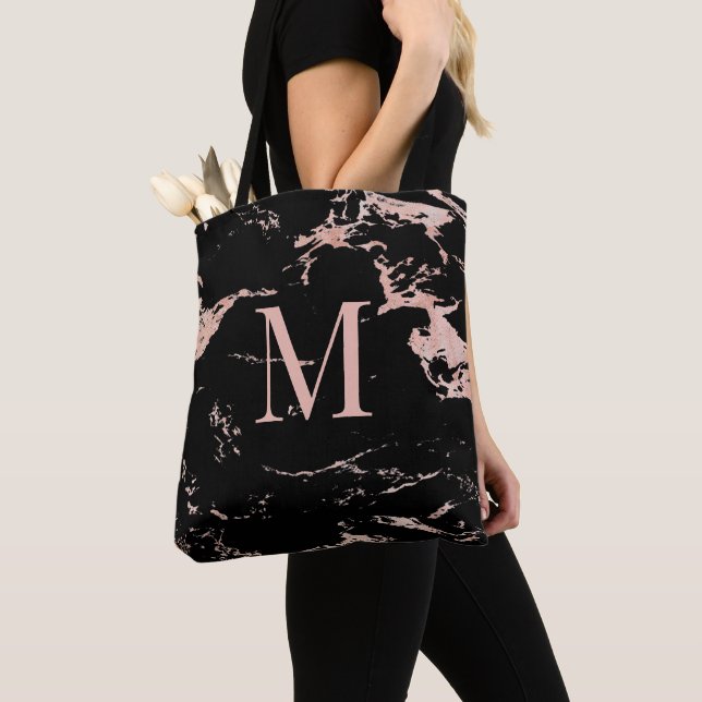 Elegant Rose Gold Foil Black Marble Monogram Tote Bag (Close Up)