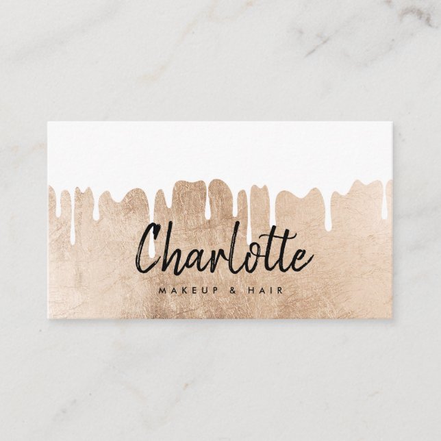 Elegant rose gold foil drips name script makeup business card (Front)
