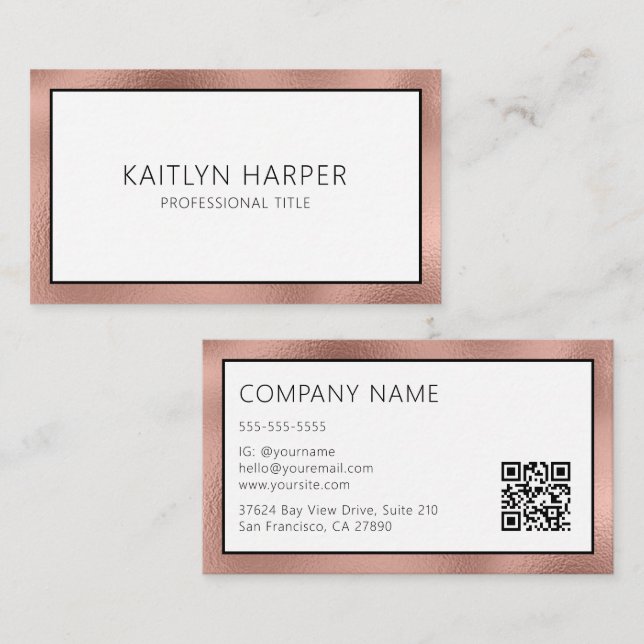 Elegant Rose Gold Foil Edged QR Code Business Card (Front/Back)