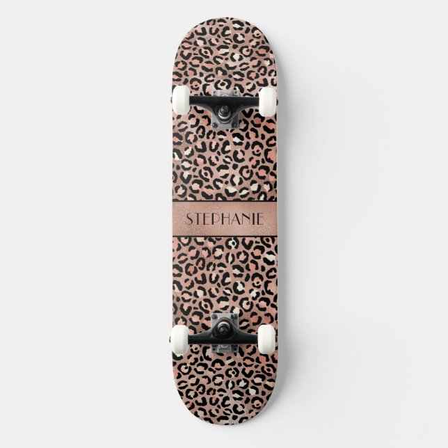 Elegant Rose Gold Foil Leopard Print Custom Skateboard (Front)