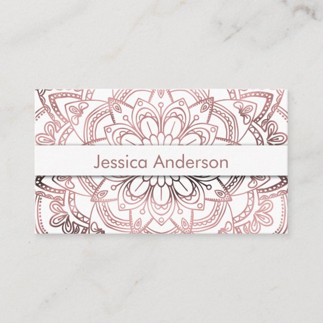 Elegant Rose Gold Foil Mandala Over White Business Card (Front)