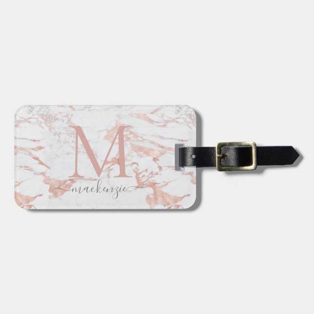 Elegant Rose Gold Foil Marble Monogram Luggage Tag (Front Horizontal)