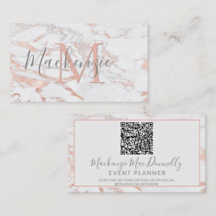 Elegant Rose Gold Foil Marble Monogram QR Code Business Card