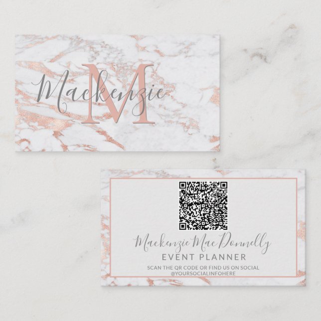 Elegant Rose Gold Foil Marble Monogram QR Code Business Card (Front/Back)