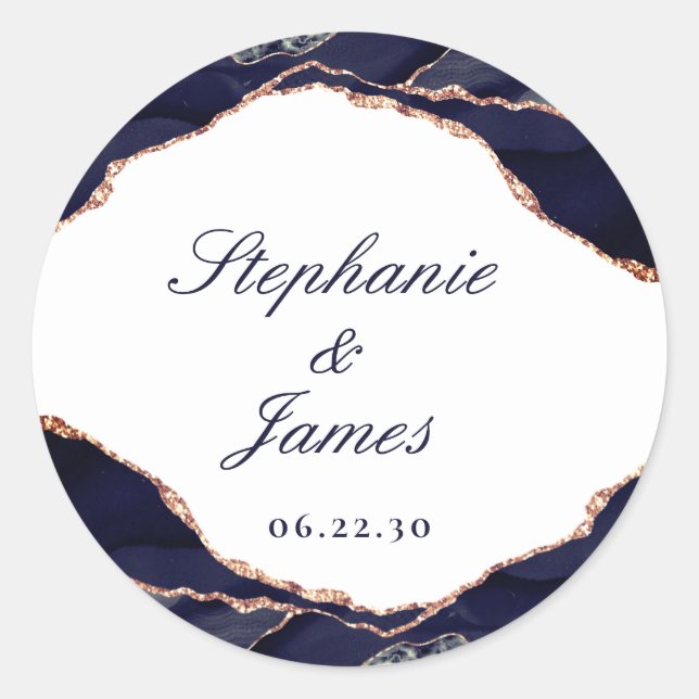 Elegant Rose Gold Foil Navy Blue Agate Wedding Classic Round Sticker (Front)