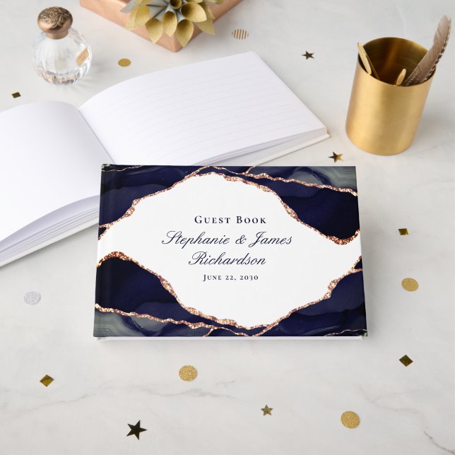 Elegant Rose Gold Foil Navy Blue Agate Wedding Guest Book (Front Open)