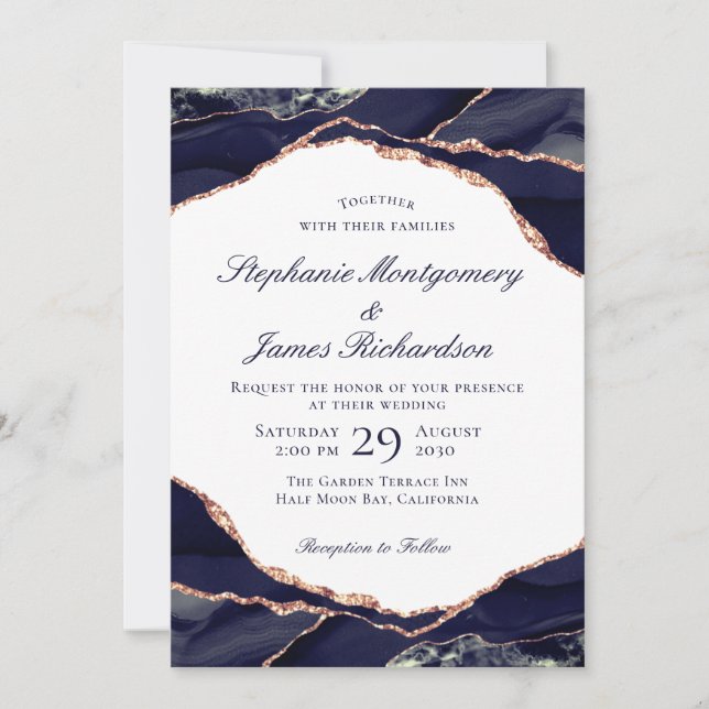 Elegant Rose Gold Foil Navy Blue Agate Wedding Invitation (Front)