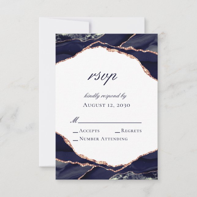 Elegant Rose Gold Foil Navy Blue Agate Wedding RSVP Card (Front)