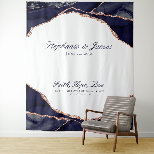 Elegant Rose Gold Foil Navy Blue Agate Wedding Tapestry (In Situ)