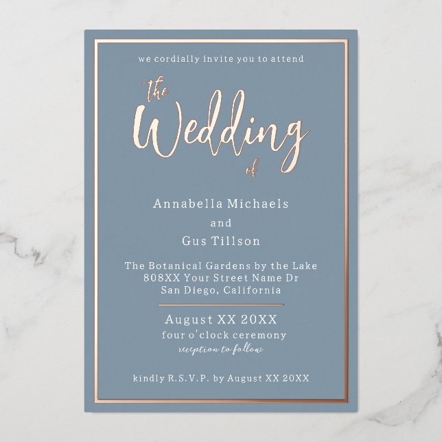 Elegant Rose Gold Foil on Dusty Blue Wedding (Front)