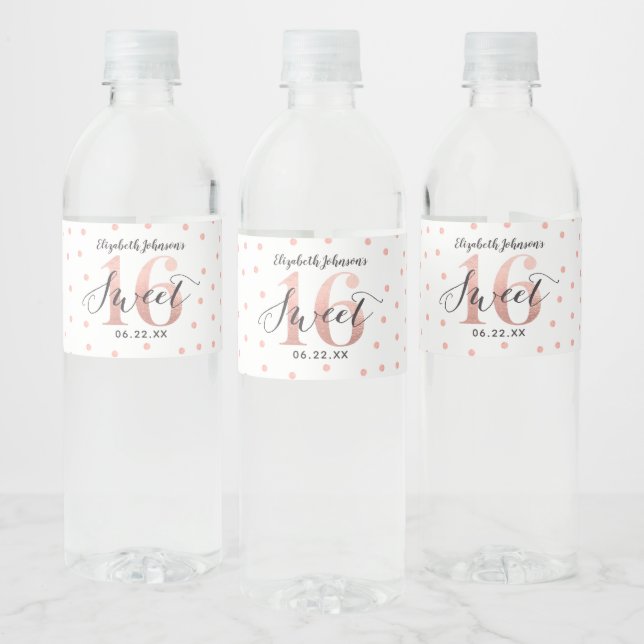 Elegant Rose Gold Foil Sweet 16 Birthday Water Bottle Label (Bottles)