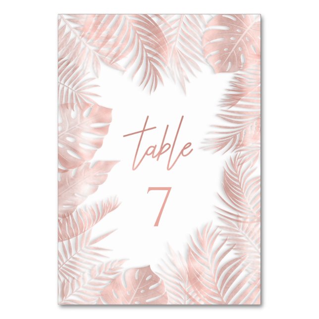 Elegant rose gold foil  tropical leaves romantic table number (Front)