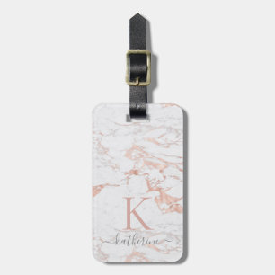 Elegant Rose Gold Foil White Marble Monogram Luggage Tag