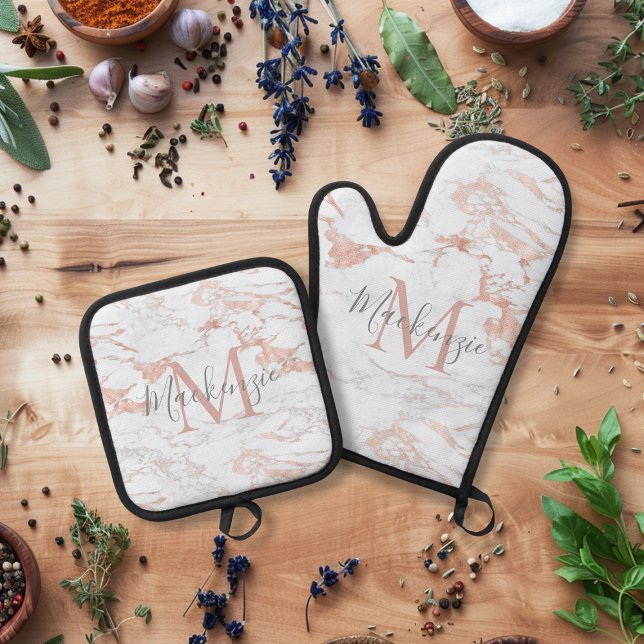 Elegant Rose Gold Foil White Marble Monogram Oven Mitt & Pot Holder Set (Elegant Rose Gold Foil White Marble Monogram Oven Mitt & Pot Holder Set)