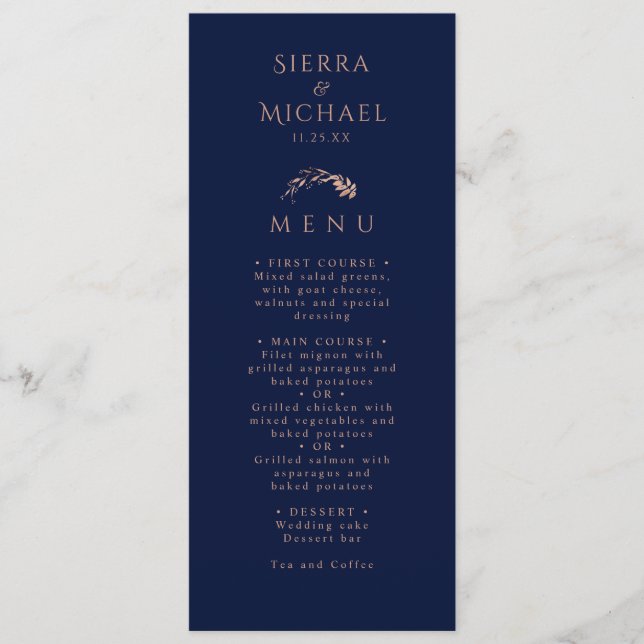 Elegant Rose Gold Foliage Navy Blue Wedding Menu (Front)