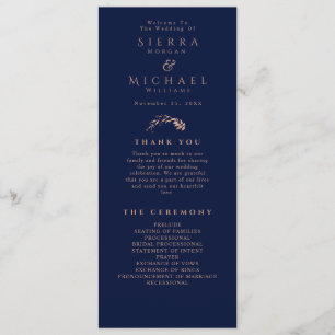 Elegant Rose Gold Foliage Navy Blue Wedding Program