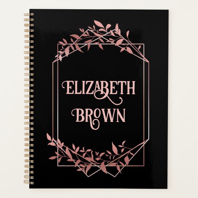 Elegant rose gold frame leaves black planner (Front)