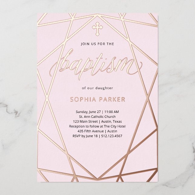 Elegant Rose Gold Geometric Blush Pink | Baptism (Front)