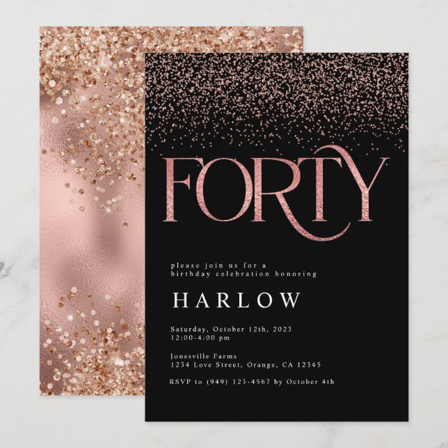 Elegant Rose Gold Glitter 40th Birthday Invite (Front/Back)