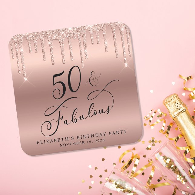 Elegant Rose Gold Glitter 50th Birthday Party Square Paper Coaster (Creator Uploaded)