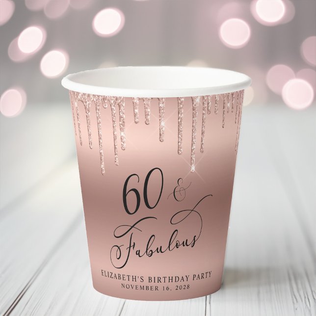 Elegant Rose Gold Glitter 60th Birthday Party Paper Cups (Creator Uploaded)