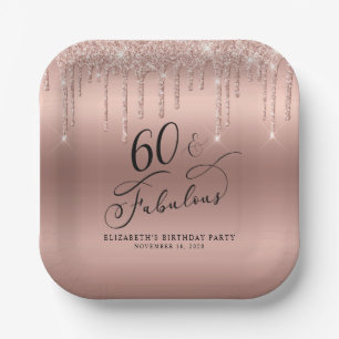 Elegant Rose Gold Glitter 60th Birthday Party Paper Plate