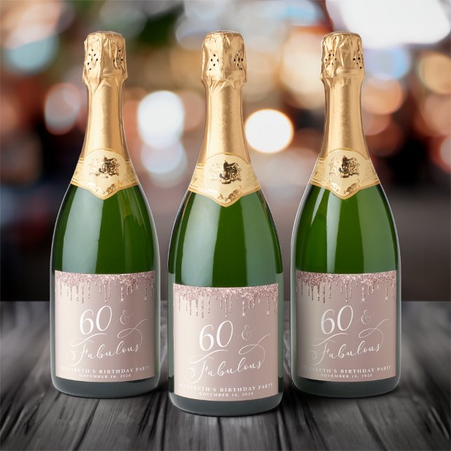Elegant Rose Gold Glitter 60th Birthday Party Sparkling Wine Label (Creator Uploaded)