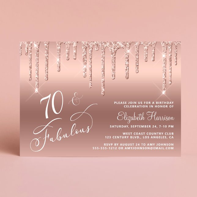 Elegant Rose Gold Glitter 70th Birthday Party Invitation (Celebrate her 70 years of sparkle with an elegant rose gold glitter birthday party invitation)