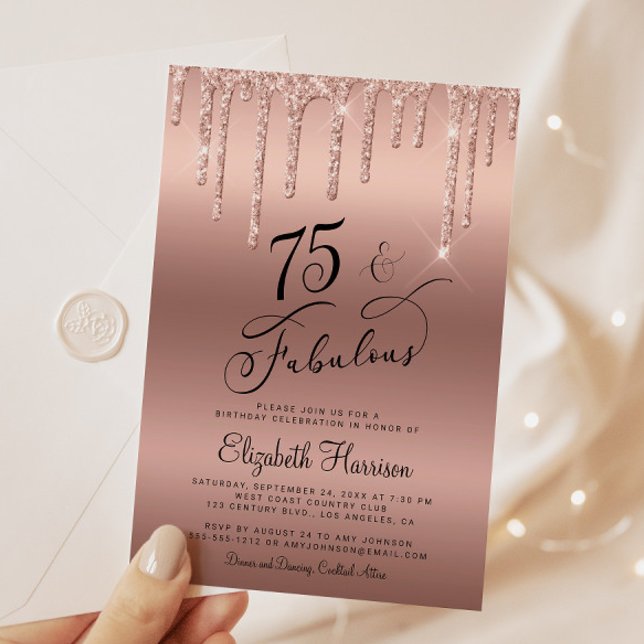  Elegant Rose Gold Glitter 75th Birthday Party Invitation (Celebrate her 50 years of sparkle with an elegant rose gold glitter birthday party invitation  🎉 🎂)