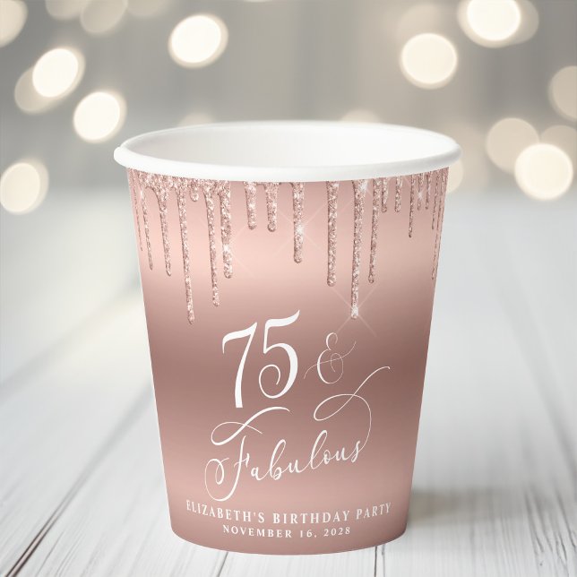 Elegant Rose Gold Glitter 75th Birthday Party Paper Cups (Creator Uploaded)