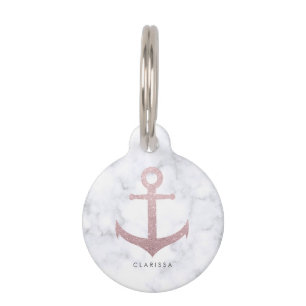 elegant  rose gold glitter anchor white marble pet tag
