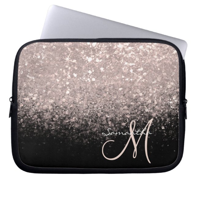 Elegant Rose Gold Glitter and Black Monogrammed Laptop Sleeve (Front)