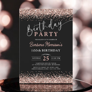 Elegant Rose Gold Glitter Black 100th Birthday Invitation