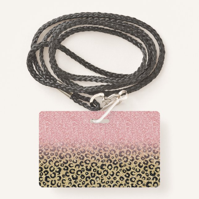 Elegant Rose Gold Glitter Black Leopard Print Badge (Front with Lanyard)