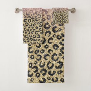 Elegant Rose Gold Glitter Black Leopard Print Bath Towel Set