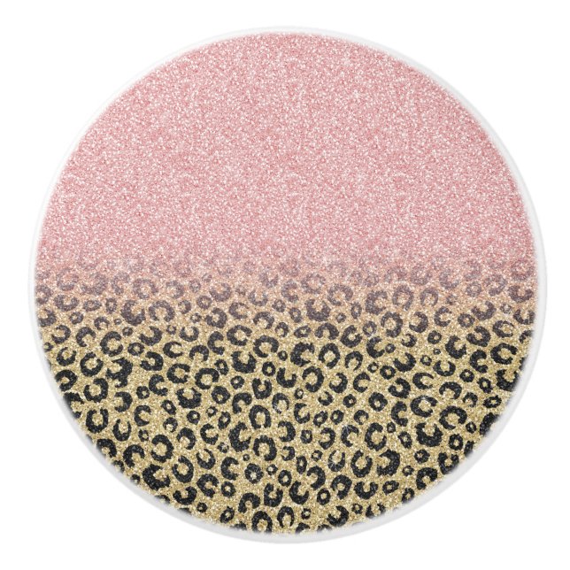 Elegant Rose Gold Glitter Black Leopard Print Ceramic Knob (Front)