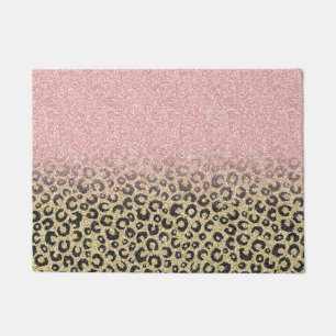 Elegant Rose Gold Glitter Black Leopard Print Doormat
