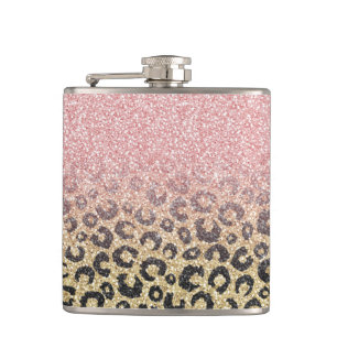 Elegant Rose Gold Glitter Black Leopard Print Hip Flask