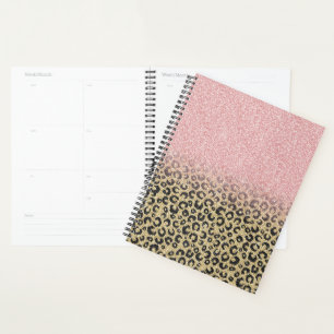 Elegant Rose Gold Glitter Black Leopard Print Planner