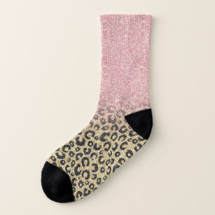 Elegant Rose Gold Glitter Black Leopard Print Socks
