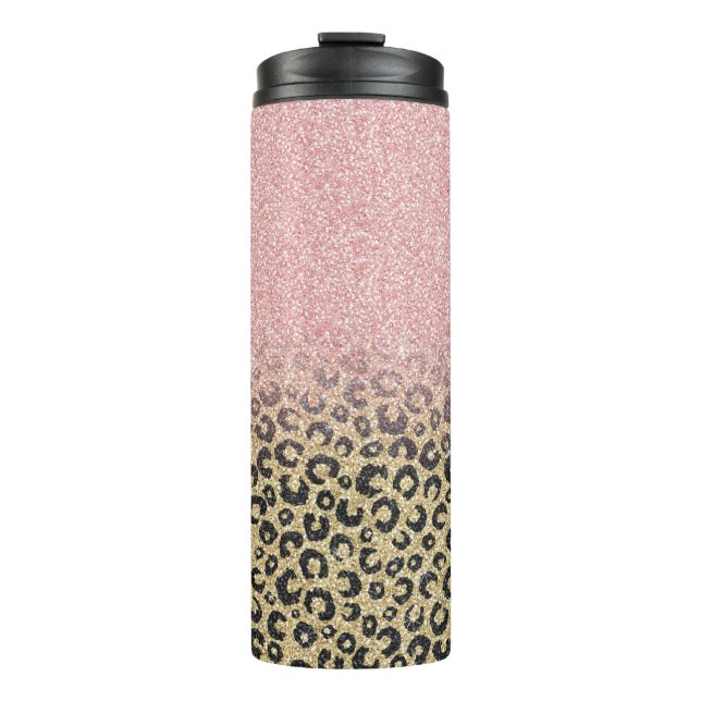 Elegant Rose Gold Glitter Black Leopard Print Thermal Tumbler (Front)