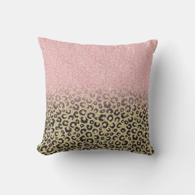 Elegant Rose Gold Glitter Black Leopard Print Throw Pillow (Front)